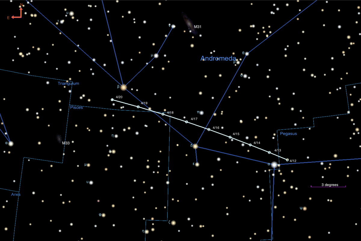 path of comet SWAN in mid-April, 2025