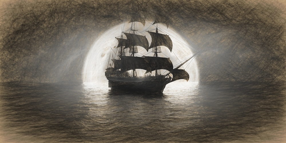 Black-and-white illustration of a sailing ship silhouetted against the Full Moon