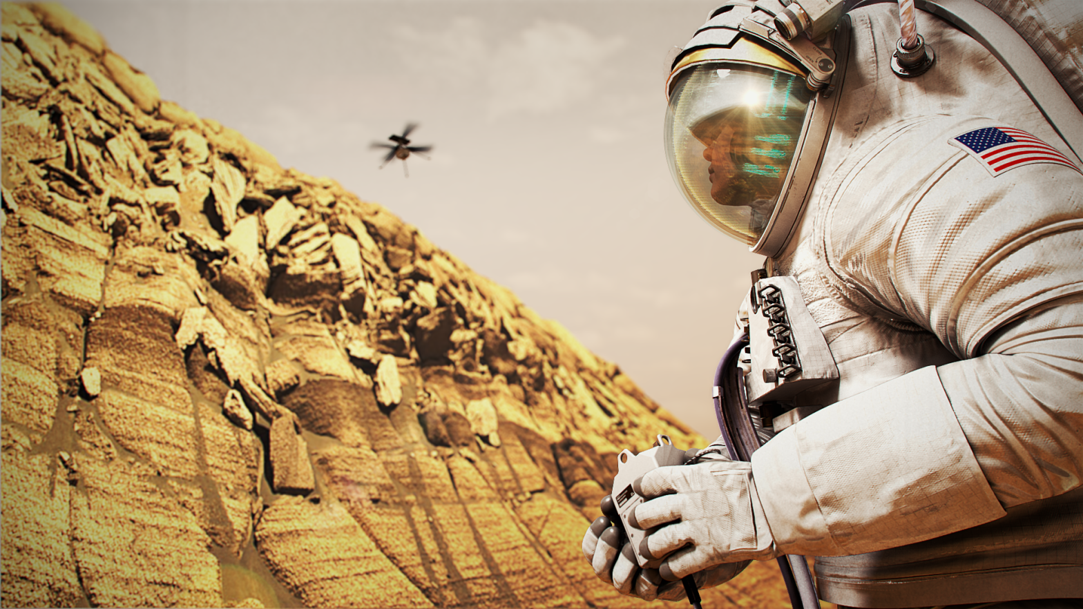 An astronaut stands by a cliff on Mars, looking up at a drone