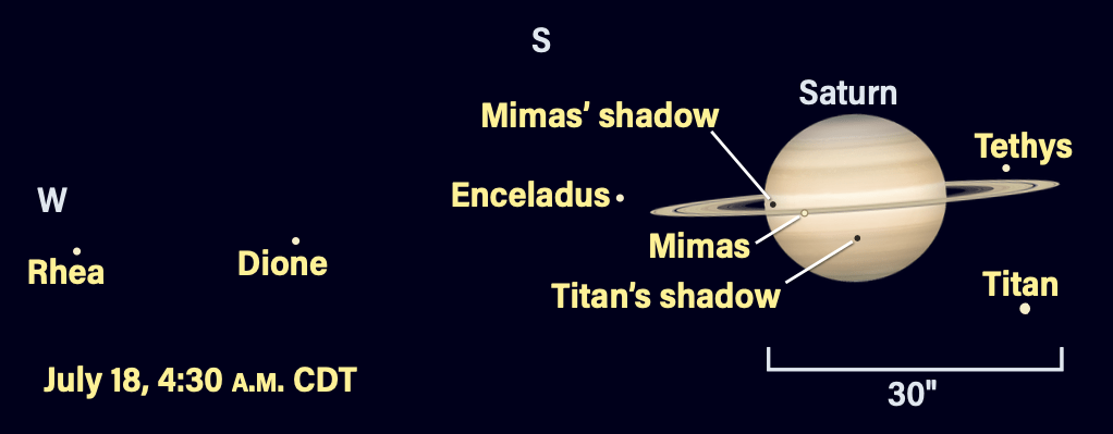 Saturn and moons on July 18, 2025, at 4:30 AM CDT