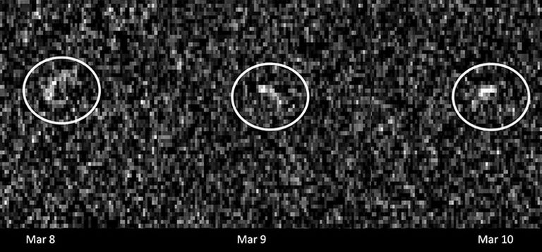 A horizontal, grainy black-and-white image is divided into three side-by-side panels against a dark, speckled background. Each panel features a thin white circle highlighting a small, fuzzy grey shape that shifts slightly in form from left to right. The bottom of the image has three neat white labels reading "Mar 8", "Mar 9", and "Mar 10" under each respective panel.