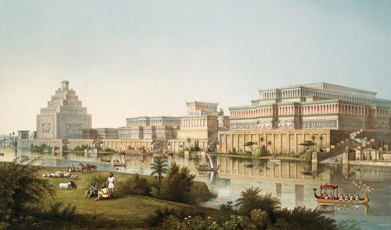 An artistic color illustration shows a series of expansive, multi-tiered stone palaces and a terraced tower lining the far bank of a wide, calm river. In the foreground, people, horses, and sheep are scattered across a grassy shore, while small boats with rowers glide across the water's reflective surface. The scene is bathed in bright daylight under a clear, pale sky that softens into a light blue at the top of the frame.