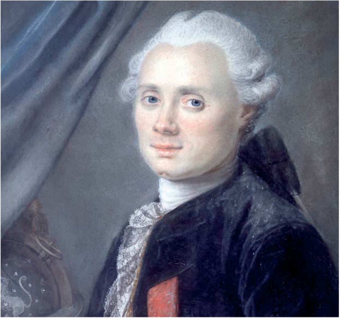 A painted color portrait shows a man with pale skin, blue eyes, and white powdered hair looking directly forward from the center of the frame in "Messier1.jpg". He wears a dark velvet jacket adorned with a red ribbon and medal, a white ruffled lace cravat, and stands before a muted grey background with a draped blue curtain on the left. The lighting is soft and focused on his face, creating a gentle contrast with his dark clothing and the dimly lit celestial globe partially visible beside him