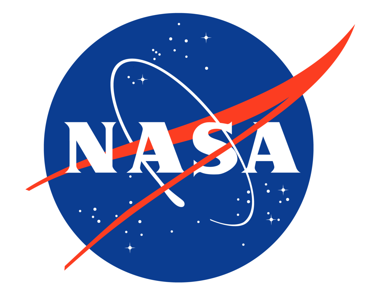NASA logo featuring a blue circular background with white stars, a red chevron-shaped vector, and the white letters "NASA" across the center.