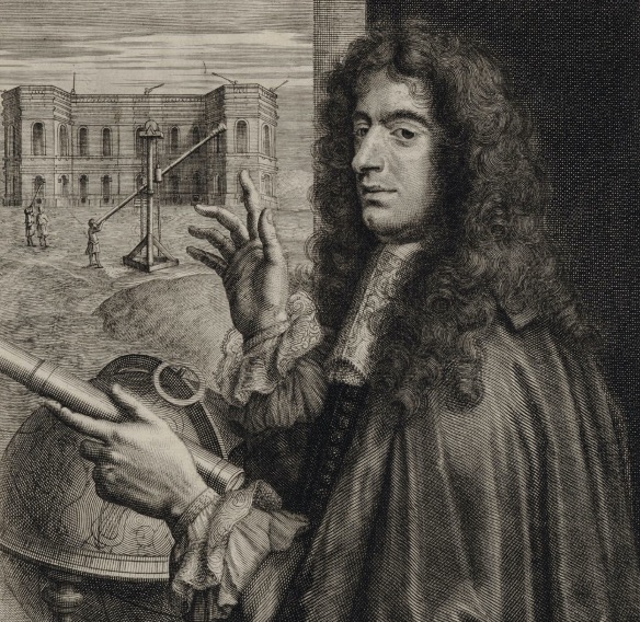 A man with long, curly dark hair is depicted from the waist up, facing left. He rests one hand on a large celestial globe while gesturing with his other hand toward an outdoor scene visible through a window behind him. The background shows a large stone building and several figures operating long telescopes on a grassy field, all rendered in detailed monochrome linework.