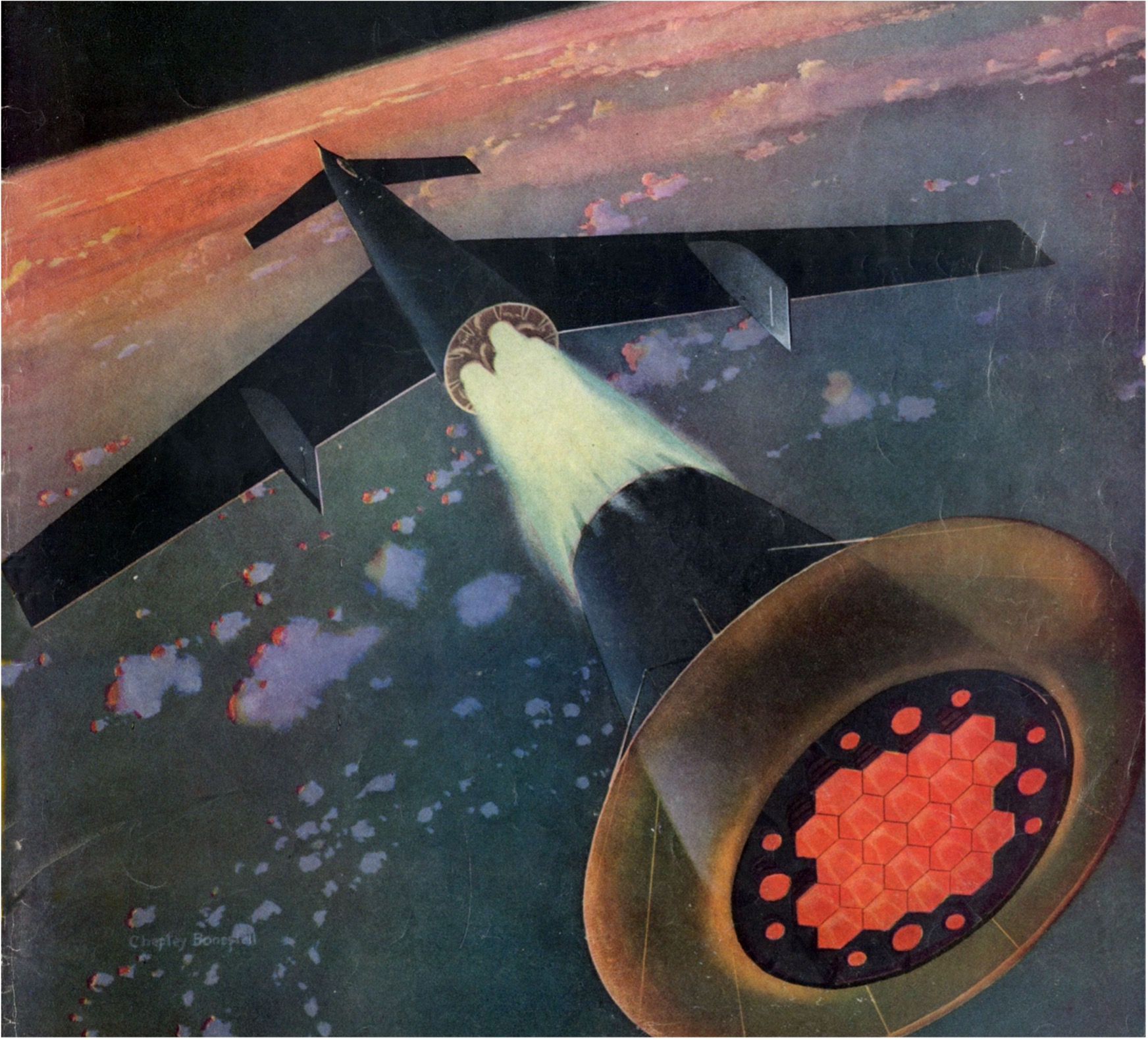 A magazine cover features an illustration of a long, dark-winged rocket ascending into space, leaving a bright trail of exhaust from its glowing orange, honeycombed tail engine. In the background, the curved edge of the Earth glows with a reddish atmosphere beneath a dark sky filled with stars and light clouds. Large text boxes at the top display the magazine title "Collier's" and bold headlines about space exploration.