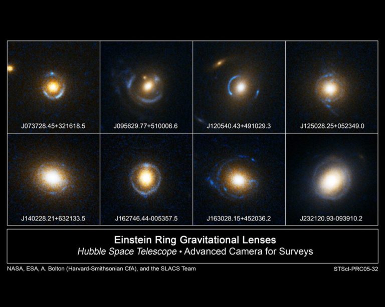 A grid of eight distinct square panels are arranged in two rows of four against a black background. Each panel shows a bright, yellowish-orange core surrounded by thin, glowing blue rings or partial arcs that encircle the central light. Text labels containing long strings of numbers appear at the bottom of each square panel, with a larger informational title section situated underneath the entire grid.