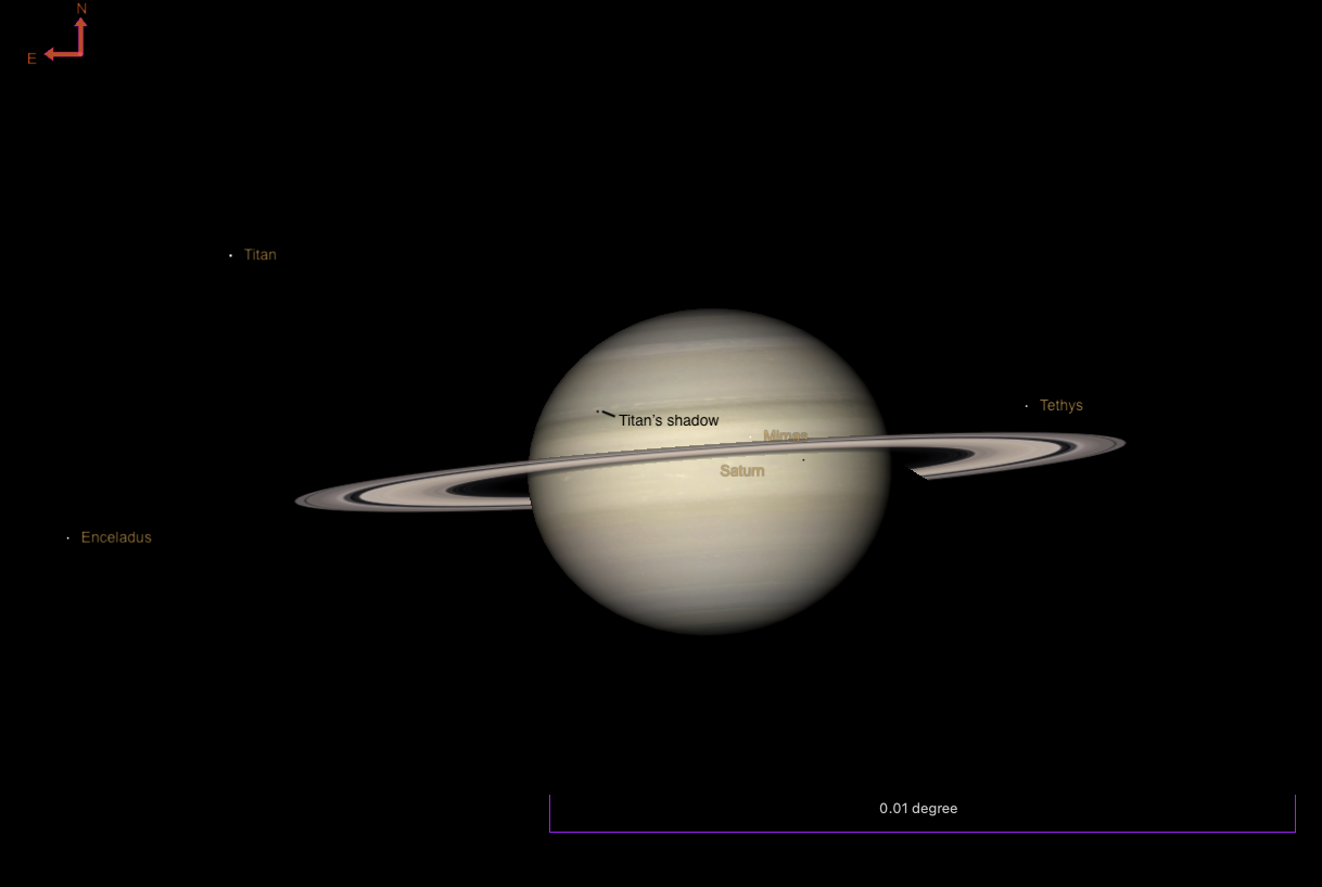 Titan's shadow transiting Saturn the morning of July 2, 2025