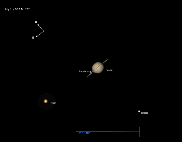 Saturn and moons on July 1, 2025, at 4:30 A.M. EDT