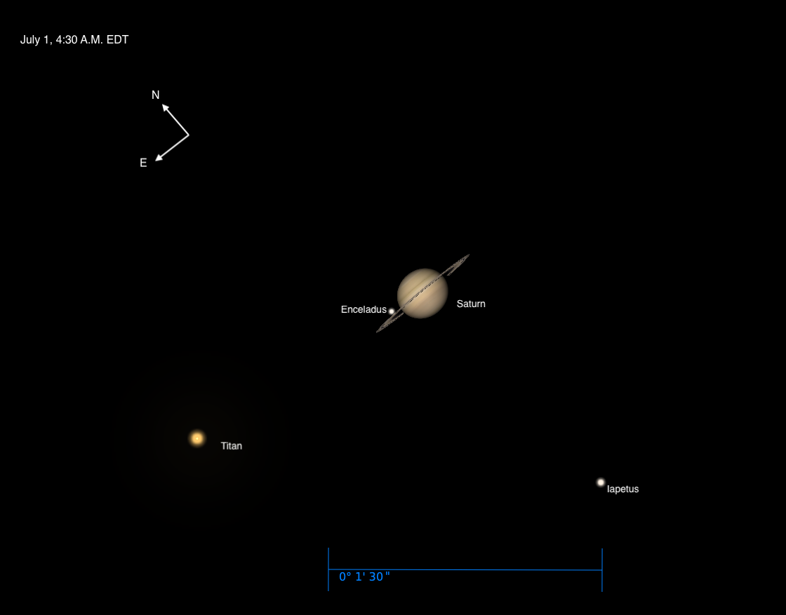 Saturn and moons on July 1, 2025, at 4:30 A.M. EDT