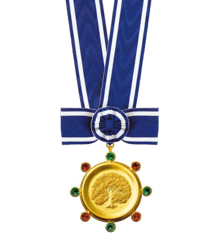 A color photograph shows a gold medal hanging from a blue-and-white striped ribbon, centered against a solid white background. The circular, textured gold medal features an engraved tree in the middle and is adorned with alternating red and green gems around its outer edge. The ribbon above it is arranged into a neat bow with a circular pleated rosette at the center.