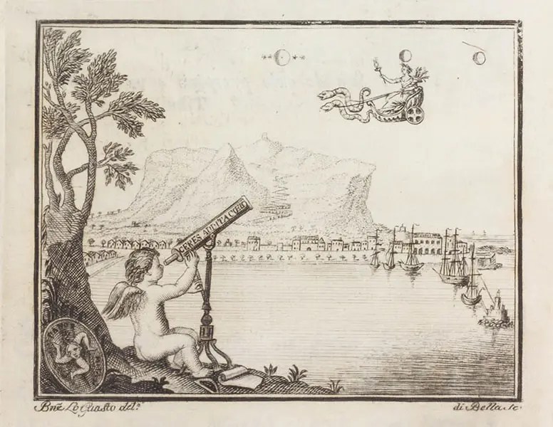 A monochromatic ink drawing shows a small, winged cherub sitting on a grassy shore on the left and looking through a long telescope pointed toward the sky. In the background, a flat-topped mountain rises behind a coastal town with several sailing ships anchored in the harbor. In the upper sky, a figure rides a chariot pulled by two winged serpents beneath simple diagrams of celestial bodies.