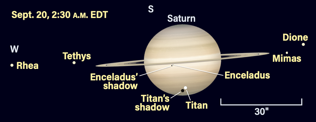 Saturn and moons on September 20, 2025, at 2:30 AM EDT