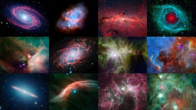 A grid of twelve brightly colored images displays various deep-space formations against dark, star-filled backgrounds. Each panel features distinct shapes and vibrant hues, including spiraling red and blue light, glowing green gas clouds, ring-like structures, and scattered clusters of tiny stars. High contrast throughout the grid highlights the brilliant, luminous centers and delicate wisps of light in each scene.