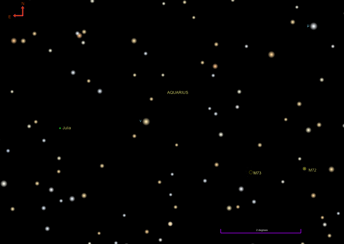 **自然な翻訳例：** * **今日、8月11日（月）の空：小惑星ジュリアが衝（しょう）を迎えます** **より説明的な翻訳例：** * **8月11日（月）の今日の空模様：小惑星ジュリアが観測しやすい「衝」の位置にやってきます** **解説：** * **"The Sky Today"**: 「今日の空」や「今日の空模様」と訳すのが自然です。 * **"on Monday, August 11"**: 「8月11日（月）」と曜日と日付を合わせて記載するのが一般的です。 * **"Asteroid Julia"**: 「小惑星ジュリア」とそのまま訳します。 * **"reaches opposition"**: "opposition" は天文学用語で「衝（しょう）」と訳します。惑星や小惑星が地球から見て太陽の反対側に位置し、最も観測しやすくなる状態を指します。 * 説明を補足する形で「観測しやすい」や「～の位置にやってきます」などを加えることで、よりわかりやすくなります。 どの翻訳を選ぶかは、読者層や文脈によって調整してください。