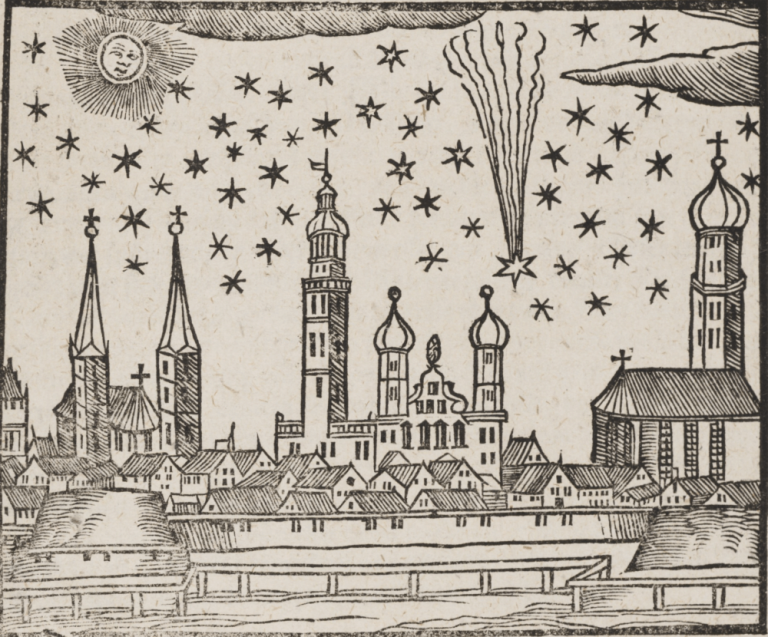 A black-and-white woodcut illustration depicts a cityscape with spires, domed towers, and gabled roofs along the bottom half of the frame. Above the town, a light-colored sky is filled with numerous black four- and five-pointed star shapes, a smiling sun face in the upper-left corner, and a star with a tall, vertical wavy trail on the right. Simple cross-hatch shading creates texture across the buildings, clouds, and wooden fence structure in the foreground.