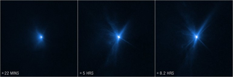 A side-by-side sequence of three square panels shows a glowing blue point of light expanding against a black background over time. In the first panel labeled "+ 22 MINS," a small, bright white core is enveloped by a soft blue haze. In the middle and right panels, labeled "+ 5 HRS" and "+ 8.2 HRS," the central bright spot intensifies while spiky blue rays and fan-like plumes spread further outward across space.