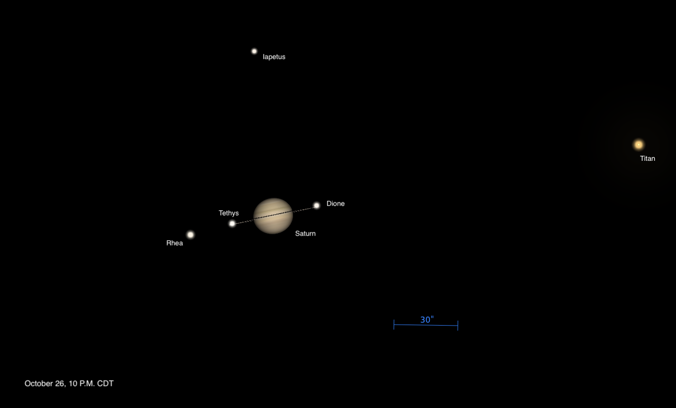Iapetus near Saturn in the night sky on October 26, 2025