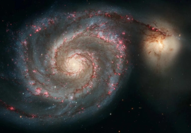 A large, face-on spiral galaxy dominates the left side of the frame, featuring a bright, yellowish-white center surrounded by sweeping blue arms dotted with small, glowing red patches. One of its outer arms extends upward and connects to a smaller, luminous yellowish galaxy positioned on the upper right against a black background of space. The entire scene exhibits high contrast, highlighting the intricate dust lanes and glowing clusters of stars.