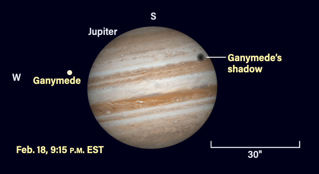 Jupiter and its moons on February 18, 2026, at 9:15 PM EST