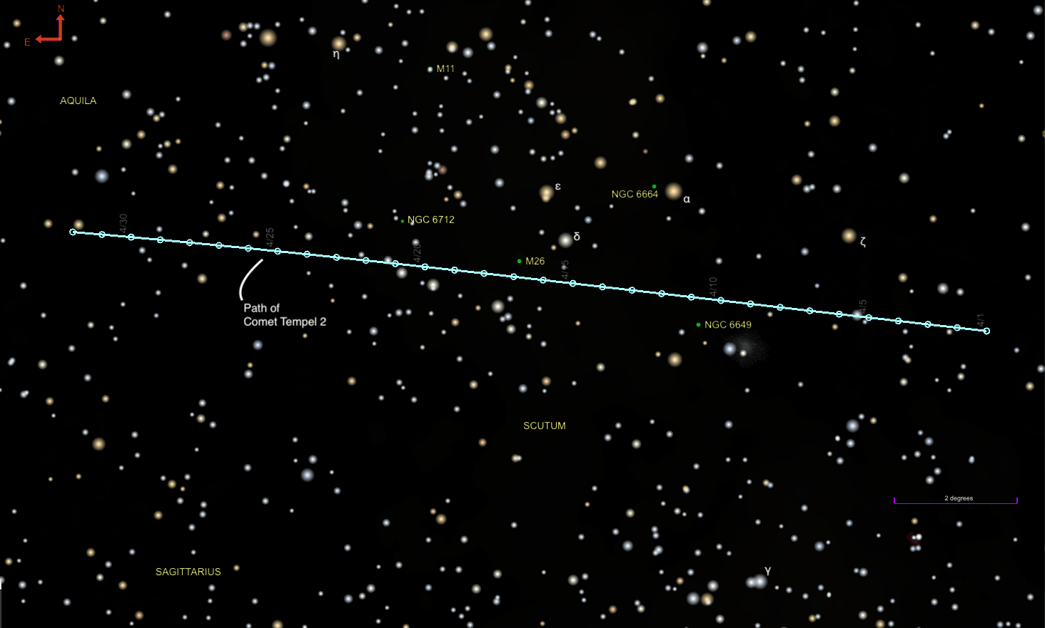 Path of Comet Tempel 2 in April 2026