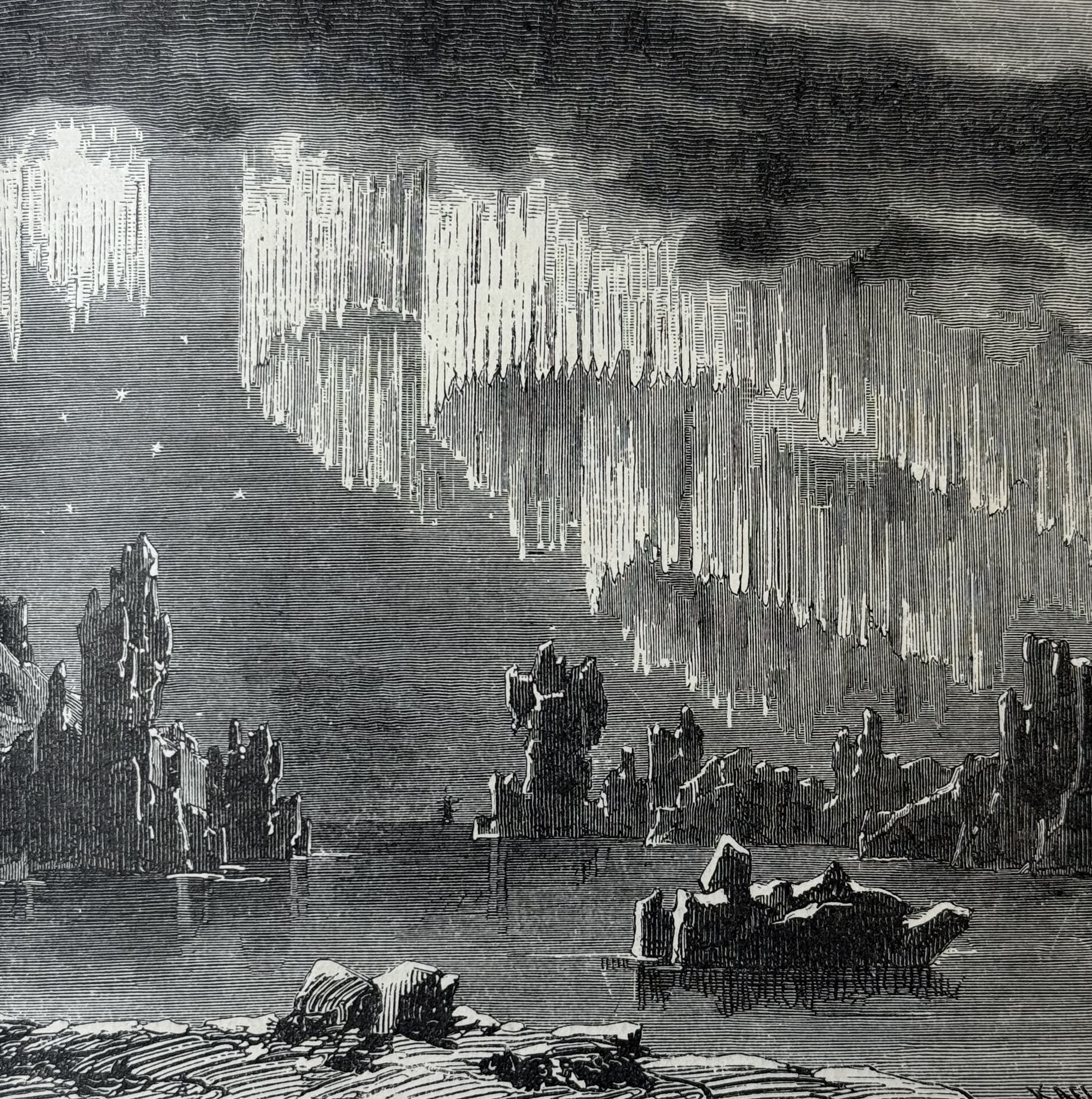 A black-and-white engraving depicting an aurora borealis as tall, jagged vertical streaks of light hanging from a dark sky over an Arctic landscape. Icebergs and rock formations rise from a frozen waterway in the foreground, with a lone small figure visible in the middle distance.