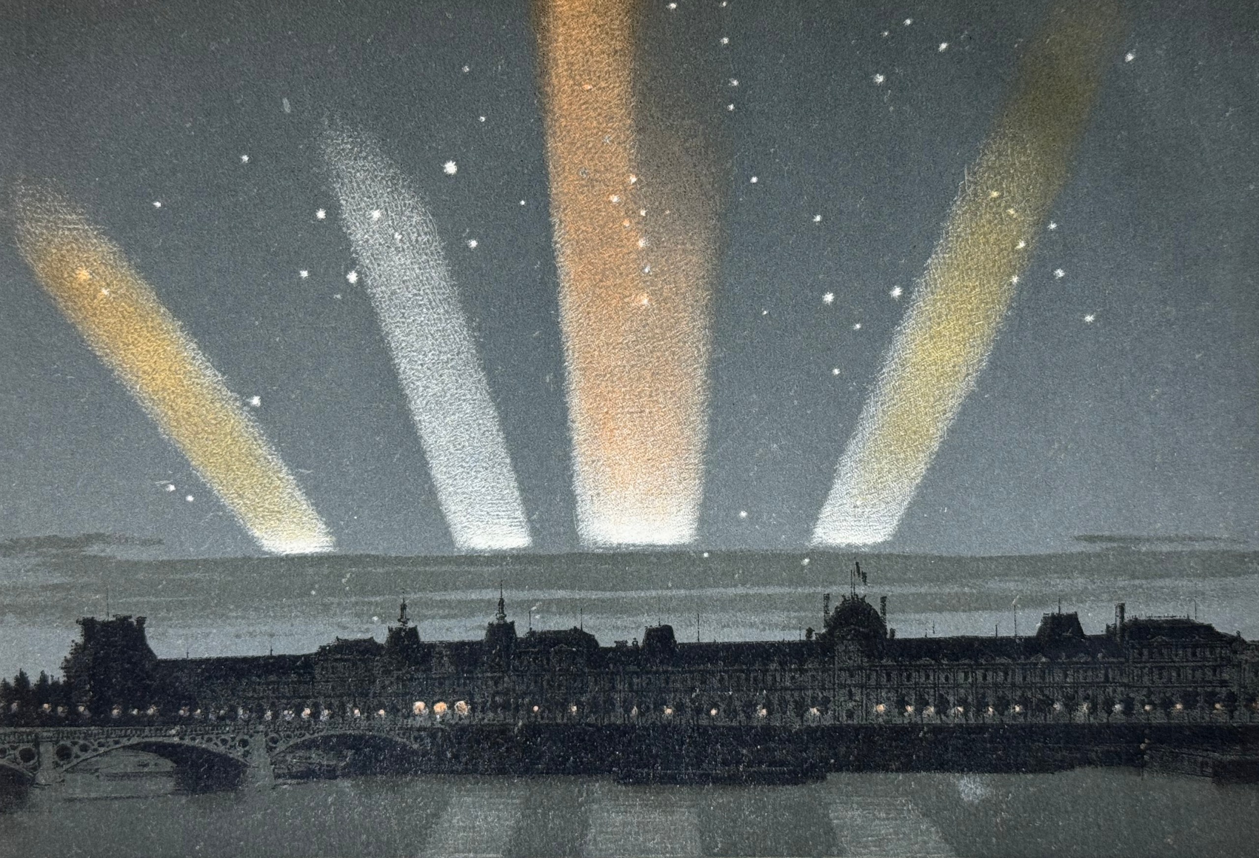 A 19th-century color illustration showing fan-shaped rays of golden and white aurora light radiating upward from the horizon over illuminated Paris at night, with a river, bridge, and grand neoclassical buildings silhouetted in the foreground.