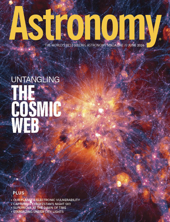 June 2026 cover of Astronomy magazine, featuring an image of the cosmic web in purple, pink, yellow, and orange
