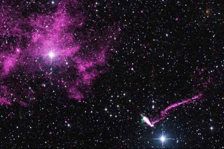 X-ray and optical composite image of IGR J11014-6103, a pulsar wind nebula, from the Chandra X-ray Observatory. A large, diffuse cloud of magenta/pink X-ray emission dominates the upper left, representing a supernova remnant. To the lower right, a smaller bright green and pink structure shows a pulsar with jets and a curved tail of X-ray emission trailing behind it, indicating rapid motion through space. Background stars are visible throughout. Credit: Chandra X-ray Center (chandra.si.edu).