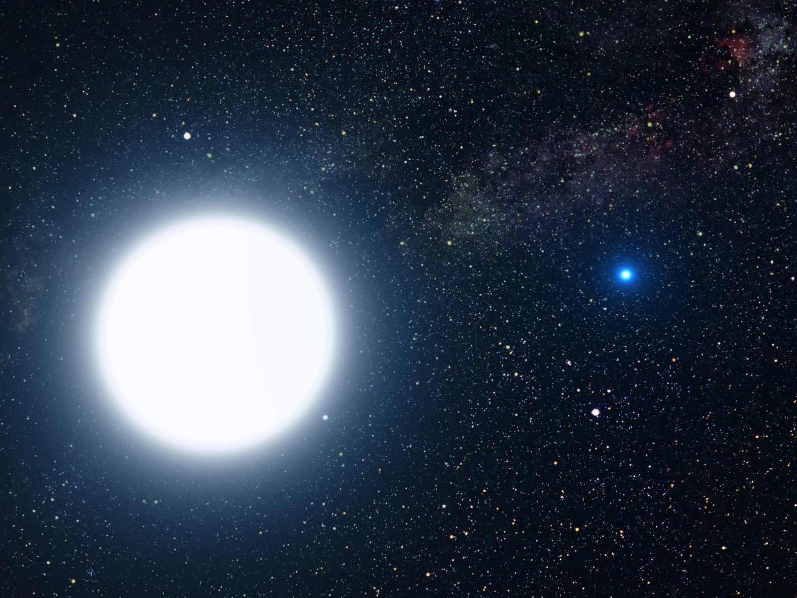 An artist's illustration of two stars against a dense, starry background with red and blue nebula clouds. A large, intensely bright white star dominates the left side of the image, while a smaller, vivid blue star glows to its right, suggesting a binary star system.