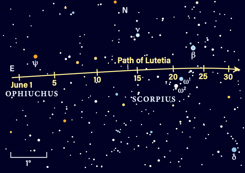 Path of asteroid Lutetia in June 2026