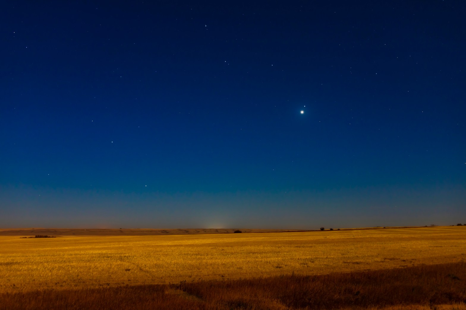 Photograph showing the close conjunction of bright Venus with the star Regulus in Leo at dawn on October 3, 2020.