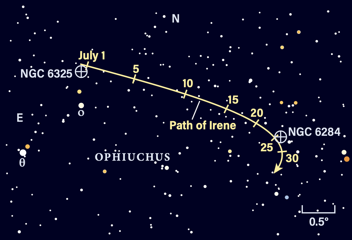 The path of asteroid Irene in July 2026