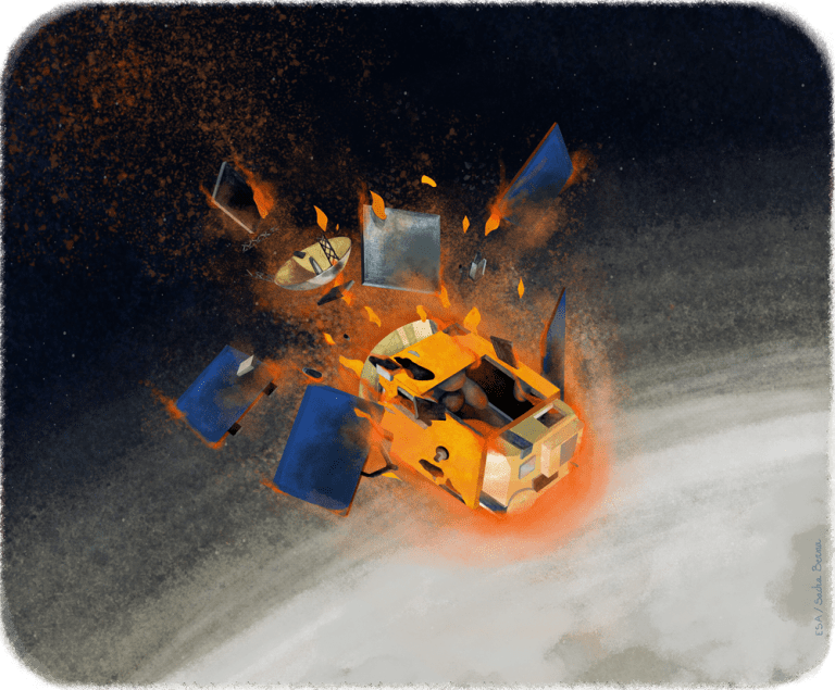 An illustration of a satellite breaking apart as it plunges toward Earth's atmosphere, shown against a dark starfield with the white cloud layer of Earth visible at the lower right. The spacecraft's orange and tan body is engulfed in orange flame and brown smoke, with blue solar panels, a silver dish antenna, and other fragments flying outward in all directions.