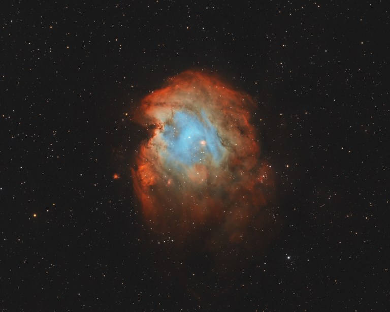 A bright, textured cloud of glowing gas fills most of the frame, forming a rounded shape that loosely suggests a monkey’s head against a dark background. The center is brighter and more structured, with a blue interior puncuated with darker knots and ridges. The outer regions are redder and fade into soft, wispy edges. A sparse scattering of small, sharp stars is visible across the nebula and the darker surrounding sky.