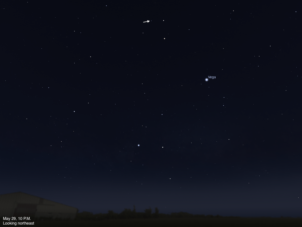 A sky chart showing the northeastern sky on May 29, 2026, at 10 PM. The bright star Vega is labeled and visible toward the right-center of the image, and a small white arrow near the top points to the star Nu Draconis. The sky fades from deep blue-black above to a lighter blue near the horizon, with a silhouetted building and treeline along the bottom.