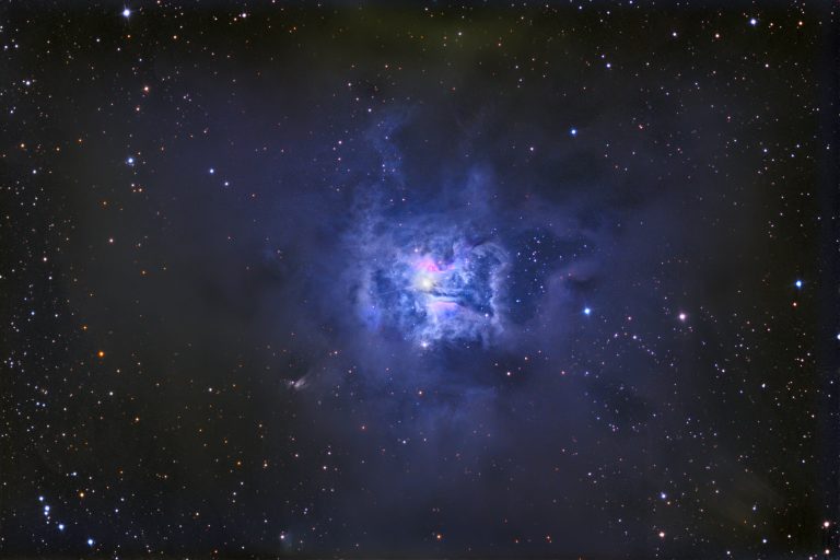A bright, blue-purple nebula sits near the center of the frame, shaped like a soft, irregular oval with wispy outer layers folded in on themselves like petals of a flower. Dark, smoky dust lanes and brownish clouds stretch across the image's outer frame, blocking parts of the starfield and giving the background a mottled look. Stars are scattered throughout, with the brightest concentrated near the center of the nebula.