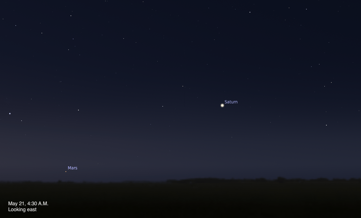 A sky chart showing the predawn sky on May 21, 2026, looking east, with Saturn glowing as a bright yellowish point in the upper right and Mars appearing as a small reddish dot close to the horizon on the lower left, set against a dark blue sky fading to a faint twilight glow above the treeline silhouette.