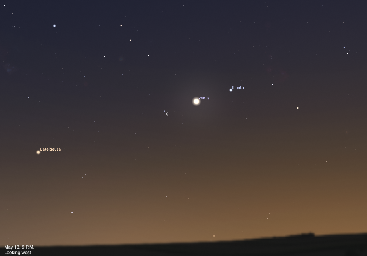 Carta celeste mostrando Vênus alinhado entre as estrelas Elnath e Zeta Tauri nos chifres de Touro em 13 de maio de 2026
