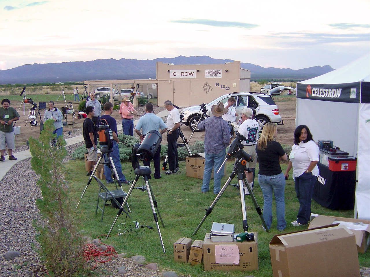 Members of a local astronomy club at a star party observing session with Celestron telescopes