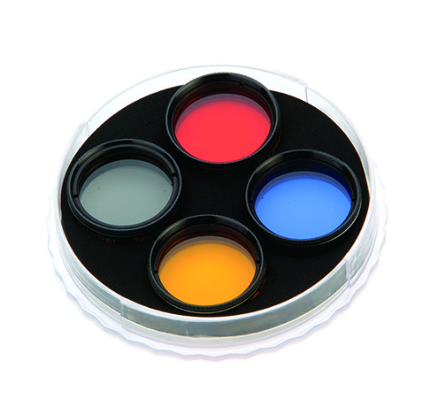 Four planetary color filters in red, blue, gray, and orange
