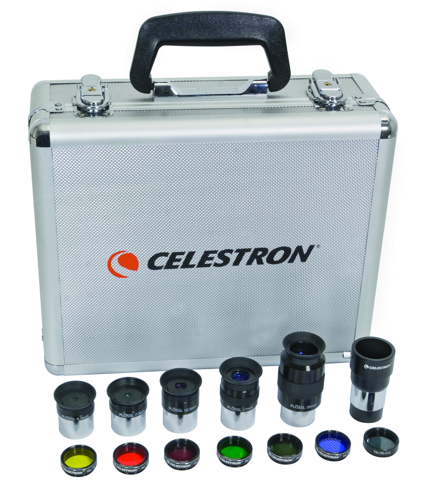 Celestron Eyepiece and Filter Kit in aluminum case containing eyepieces, Barlow lens, and color filters