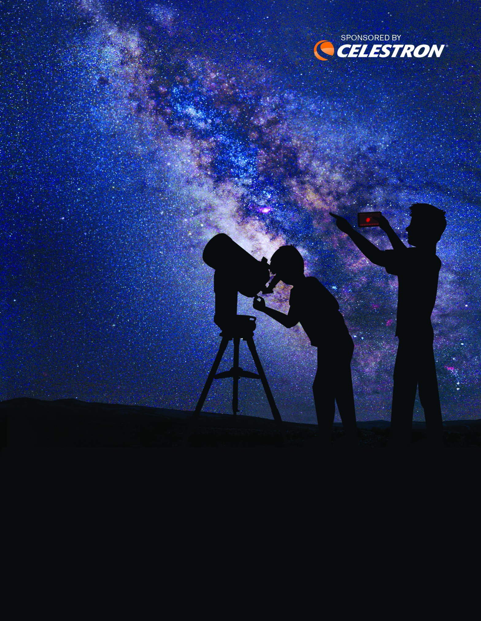 Tall graphic showing a dark, jagged mountain range at the bottom under a bright, star-filled night sky. A wide, colorful band of the Milky Way stretches diagonally across the frame in blues, purples, and pinks against deep blue-black space. In front, two people appear in silhouette—one bent to look through a large telescope on a tripod, the other standing and holding up a phone toward the sky.