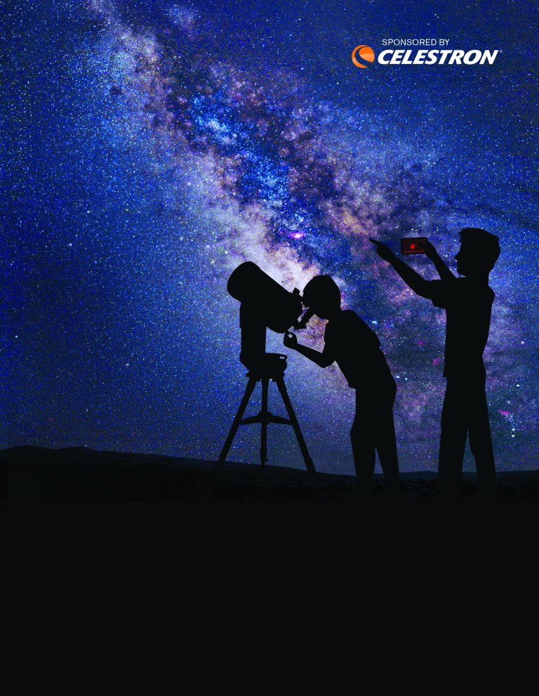 Tall graphic showing a dark, jagged mountain range at the bottom under a bright, star-filled night sky. A wide, colorful band of the Milky Way stretches diagonally across the frame in blues, purples, and pinks against deep blue-black space. In front, two people appear in silhouette—one bent to look through a large telescope on a tripod, the other standing and holding up a phone toward the sky.