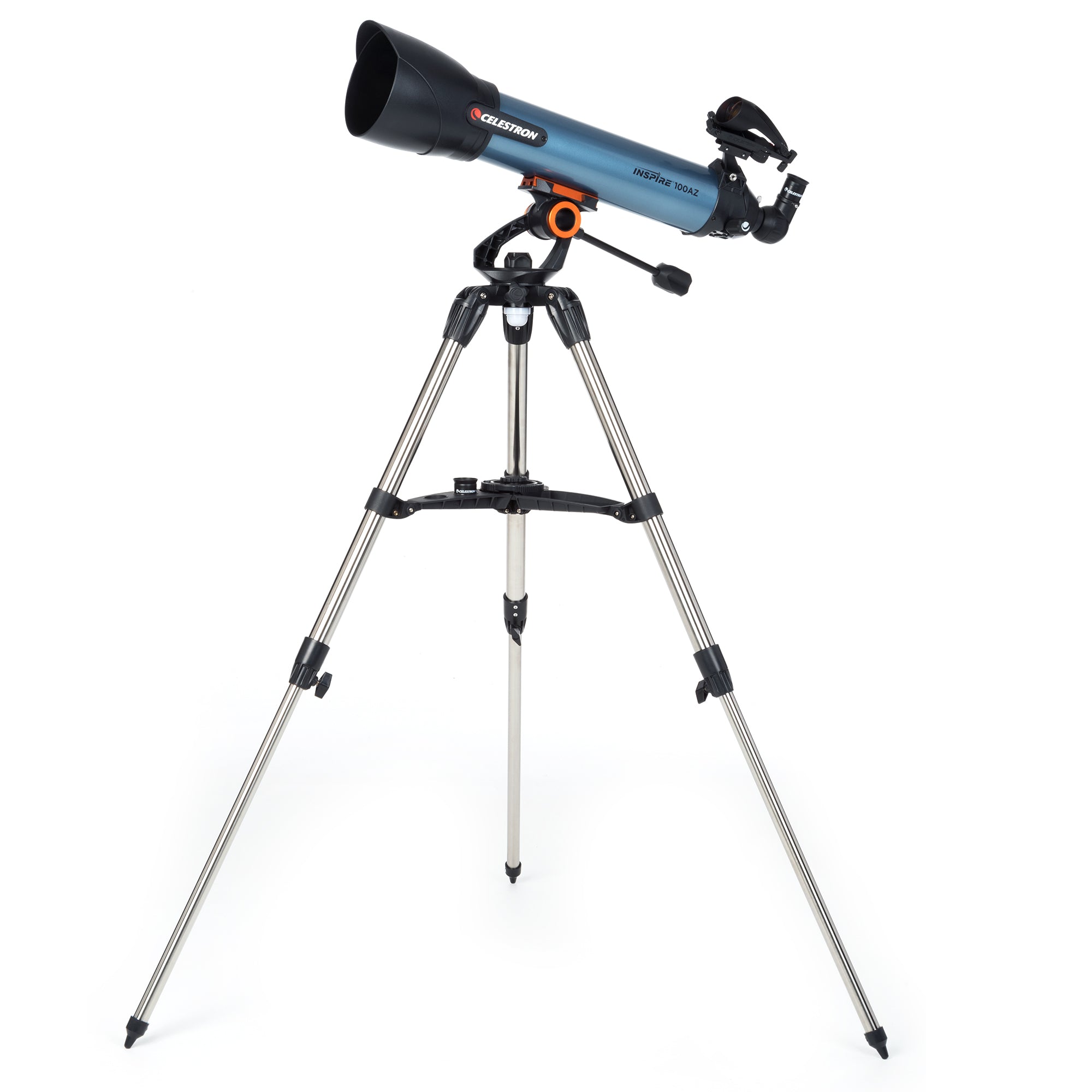 Celestron Inspire 80AZ refractor telescope on a tripod with smartphone adapter lens cap