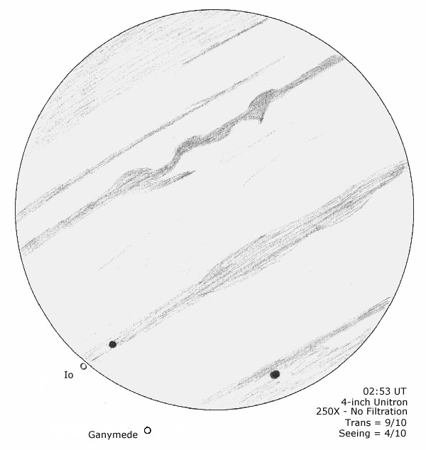 Pencil sketch of Jupiter showing two moons and their shadows on the planet's disk
