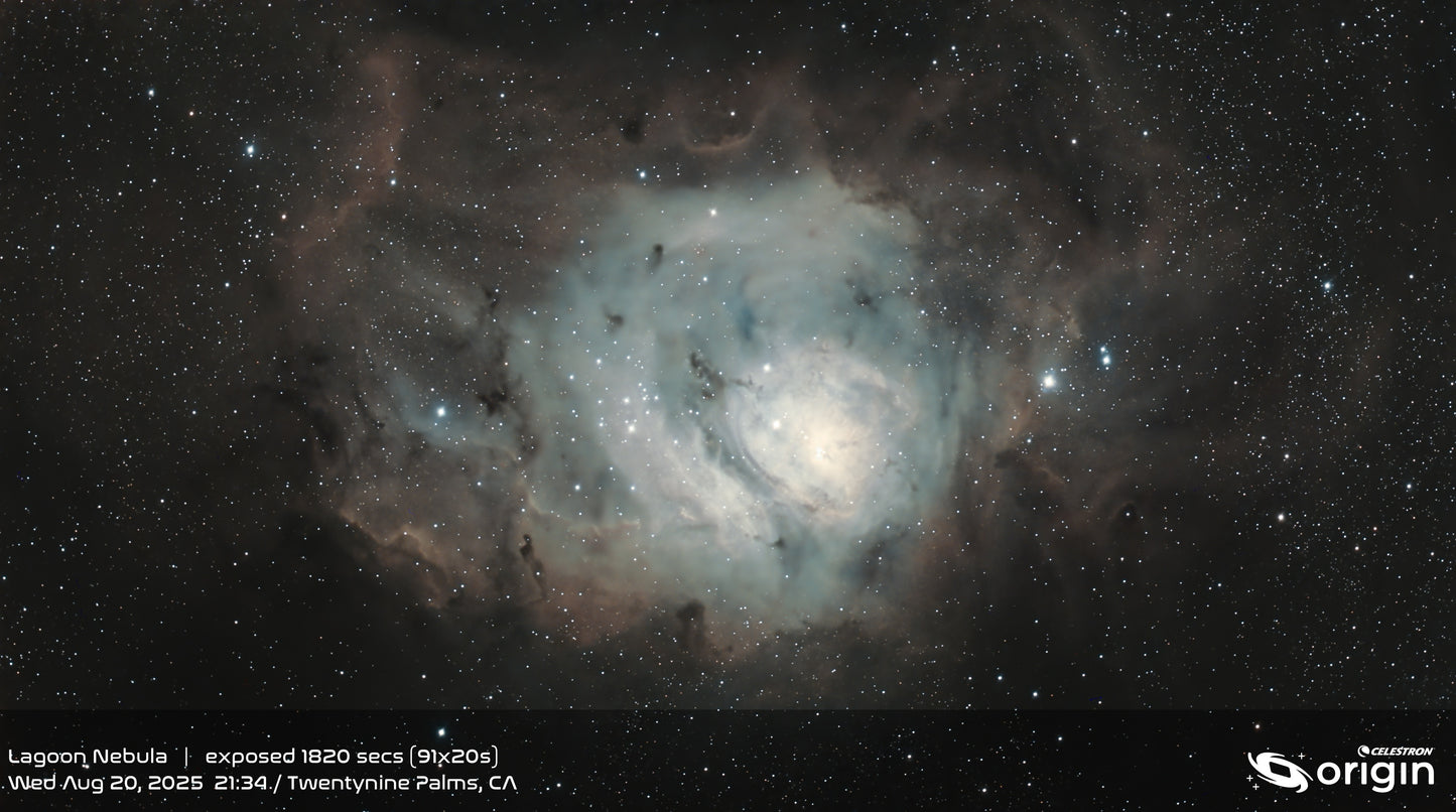 Lagoon Nebula imaged through the Celestron Origin Mark II smart telescope