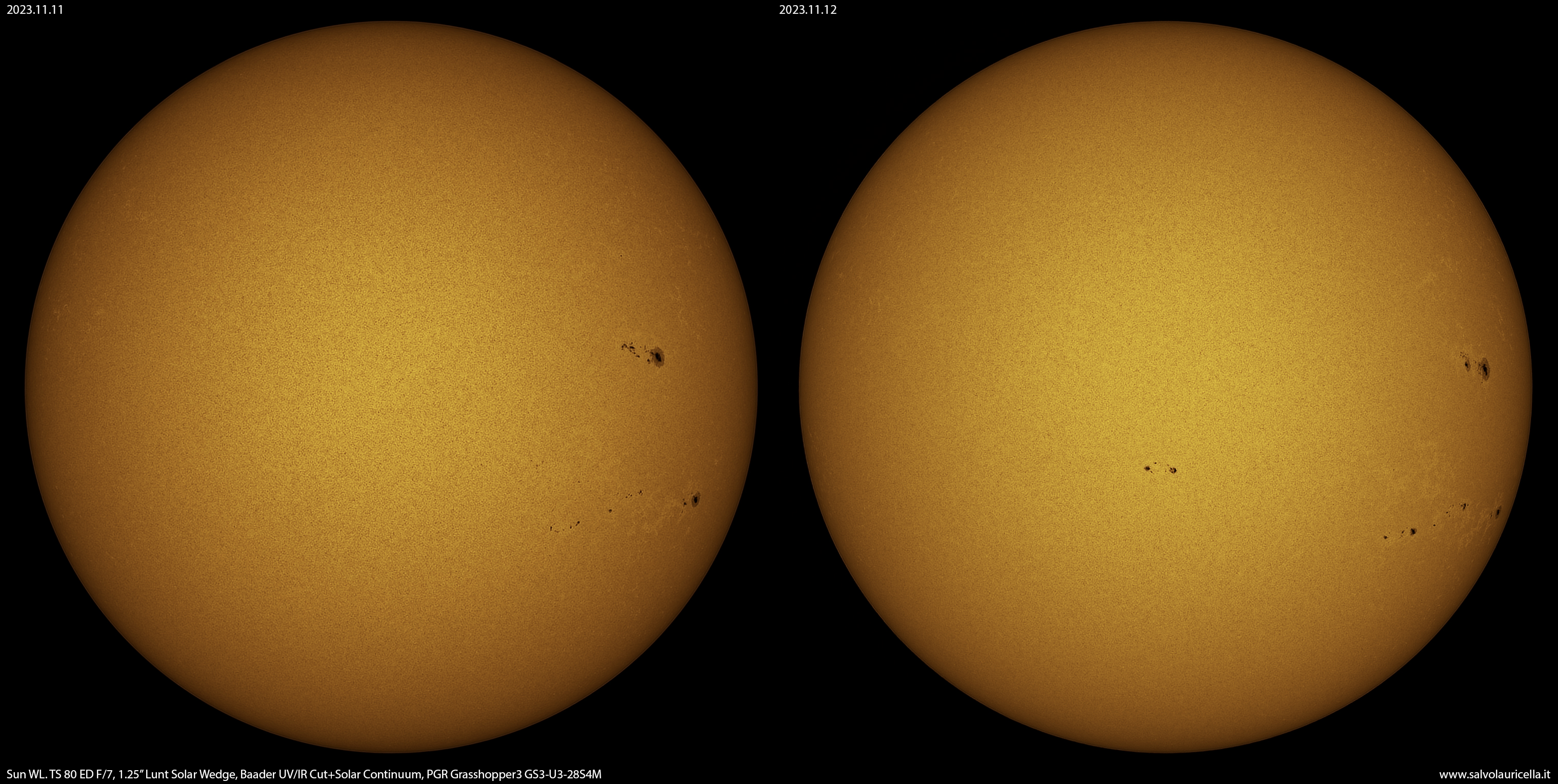 The solar disk photographed through a safe white-light solar filter showing sunspots