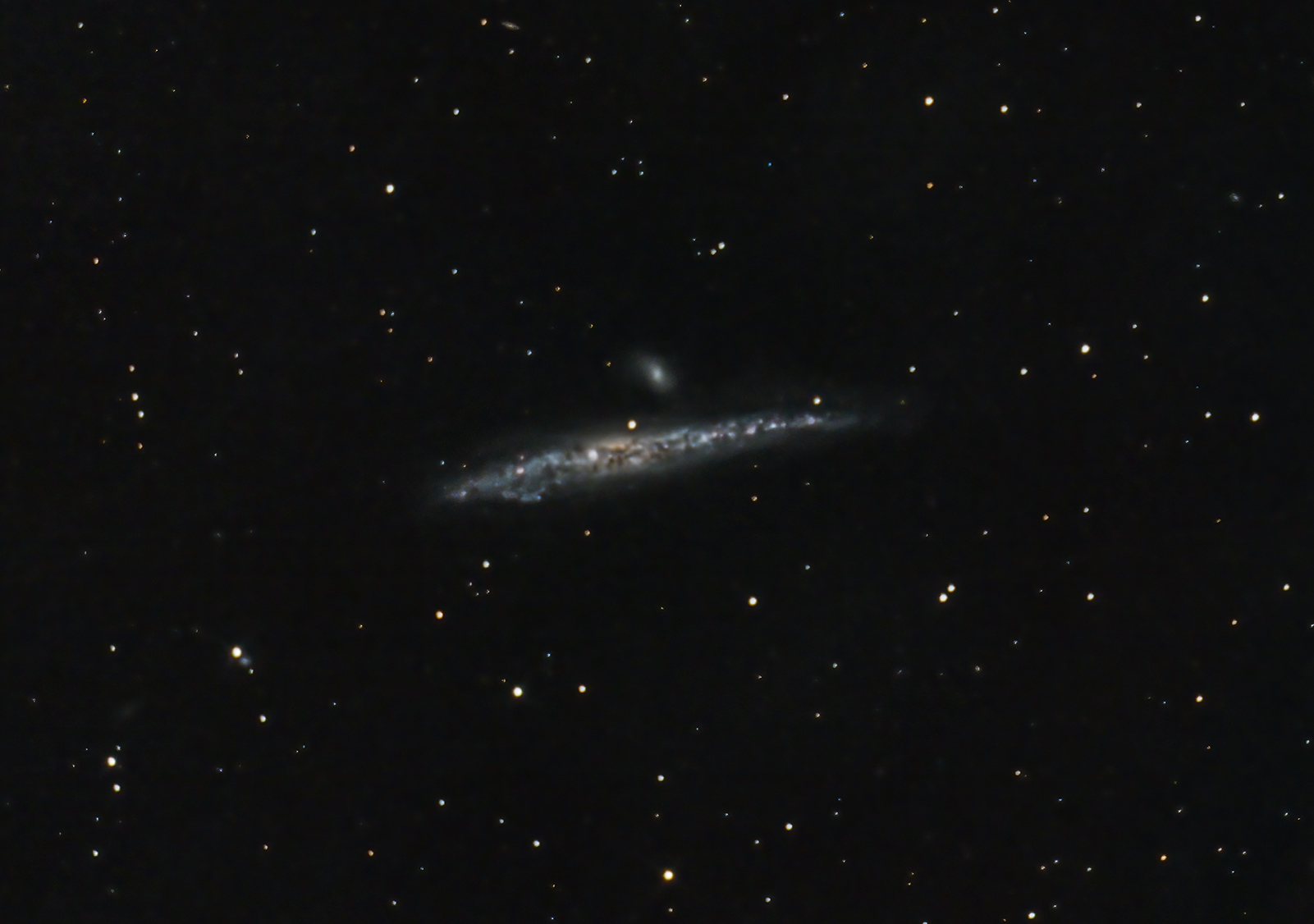 A telescopic photograph of the Whale Galaxy (NGC 4631), an edge-on spiral galaxy appearing as a long, thin streak of blue and white light with a bright, mottled core, set against a black sky filled with foreground stars. A smaller companion galaxy is visible just above the main galaxy near the center of the image.
