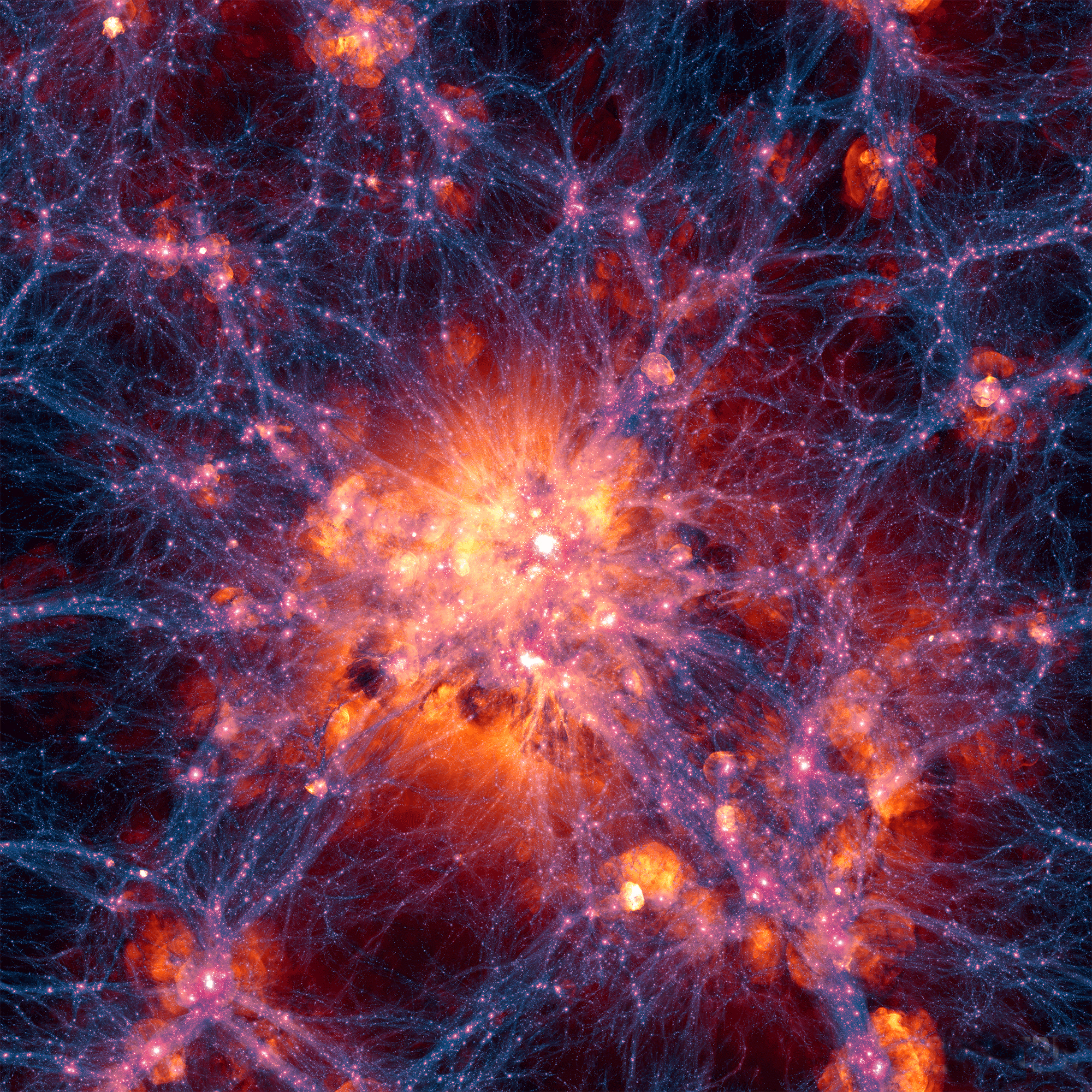 A dense web of thin blue-purple filaments spans the entire frame, threading through deep red and maroon voids to converge on a blazing central cluster of orange, yellow, and white gas. Scattered across the field, smaller orange and gold clumps glow at the intersections of the filaments. The overall effect resembles a three-dimensional cosmic spiderweb